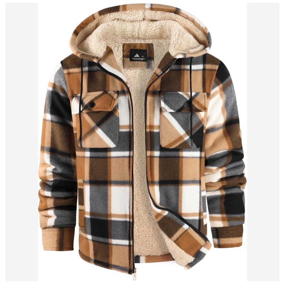 Mens Plaid Sherpa Lined Fleece Hooded Jacket Brown XL